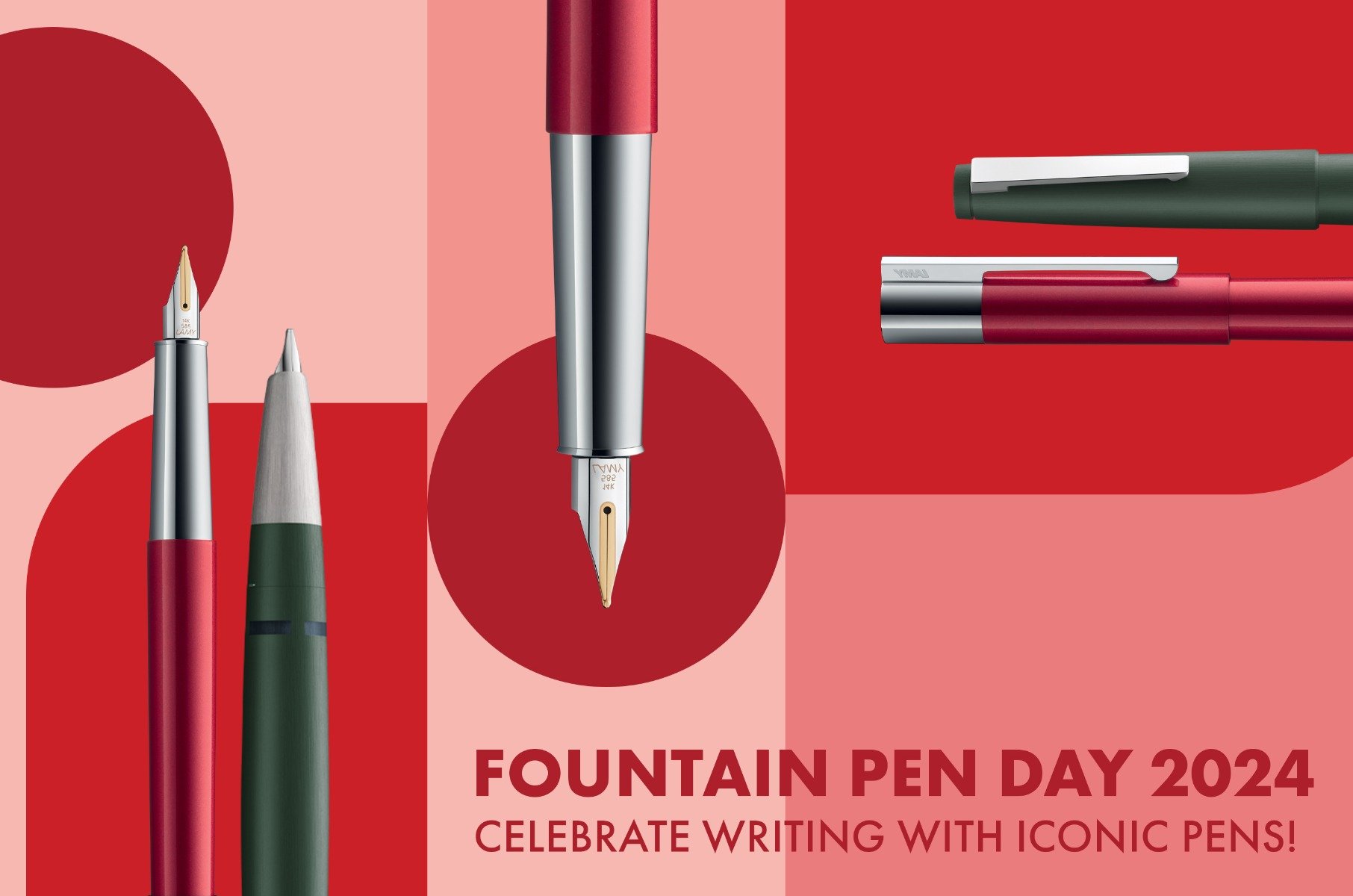 Fountain Pen Day 2024: Celebrate Writing with Iconic Pens featuring a variety of luxury fountain pens in sleek designs, showcased in red and green hues.
