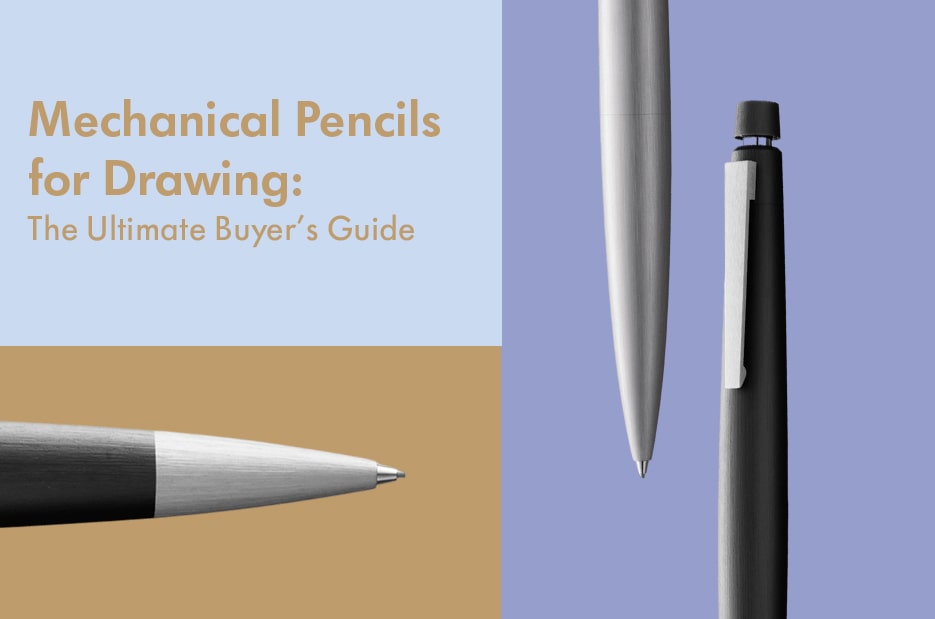 Mechanical pencils displayed on a split blue and tan background with the title 'Mechanical Pencils for Drawing: The Ultimate Buyer’s Guide'.