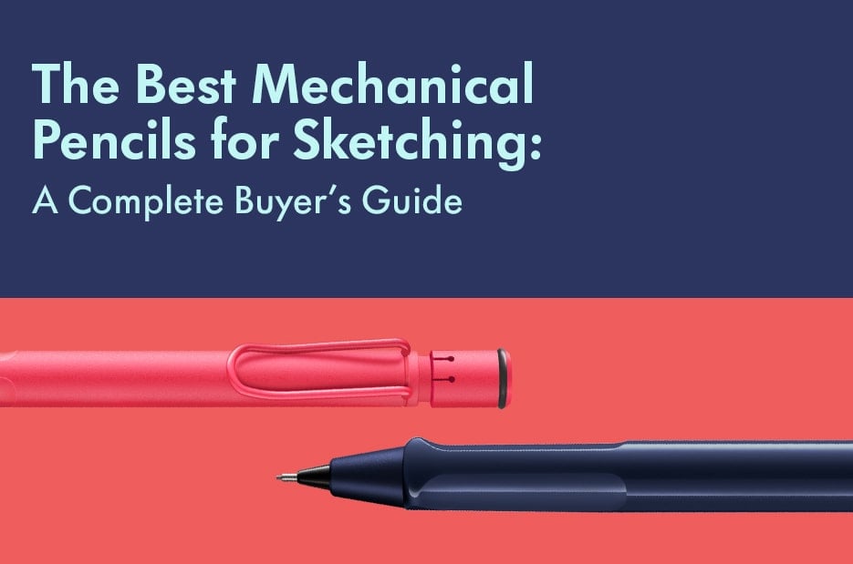 Colorful mechanical pencils on a split red and navy background with the title 'The Best Mechanical Pencils for Sketching: A Complete Buyer’s Guide'
