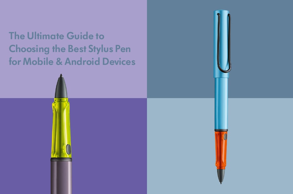 A digital graphic featuring two stylish stylus pens against a split-color background, with the text "The Ultimate Guide to Choosing the Best Stylus Pen for Mobile & Android Devices."