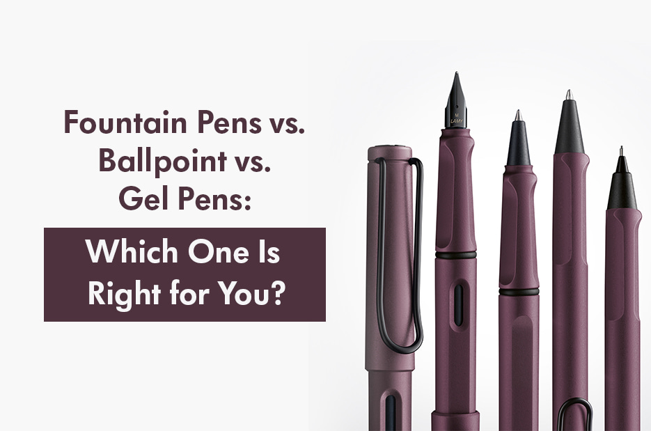 Comparison of fountain pens, ballpoint pens, and gel pens in purple LAMY design with the headline 'Which One Is Right for You?'