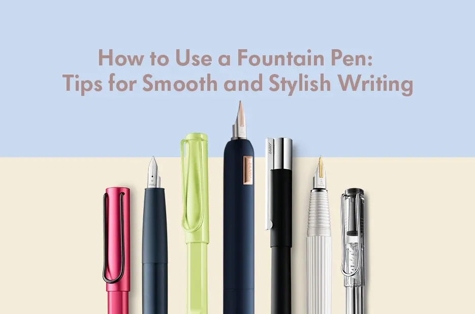 A variety of colorful fountain pens displayed vertically with the title 