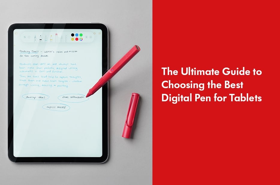 Tablet with a digital pen and handwritten notes on the screen, with the text 
