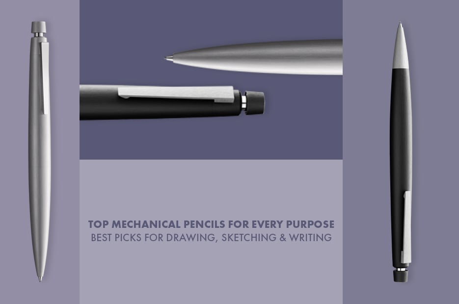 Top mechanical pencils for drawing, sketching, and writing – sleek pencil designs on a purple background